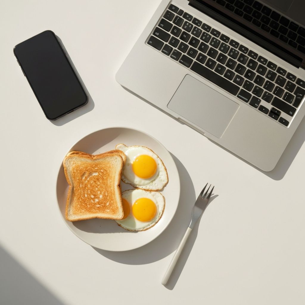 Doručak pored laptopa s voćem i napitkom