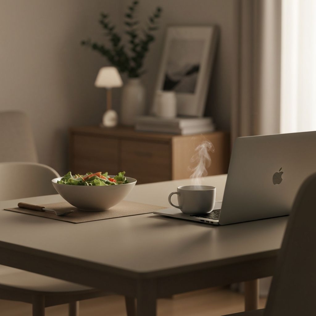 Večerna hrana s laptopom i mekom svjetlošću na stolu