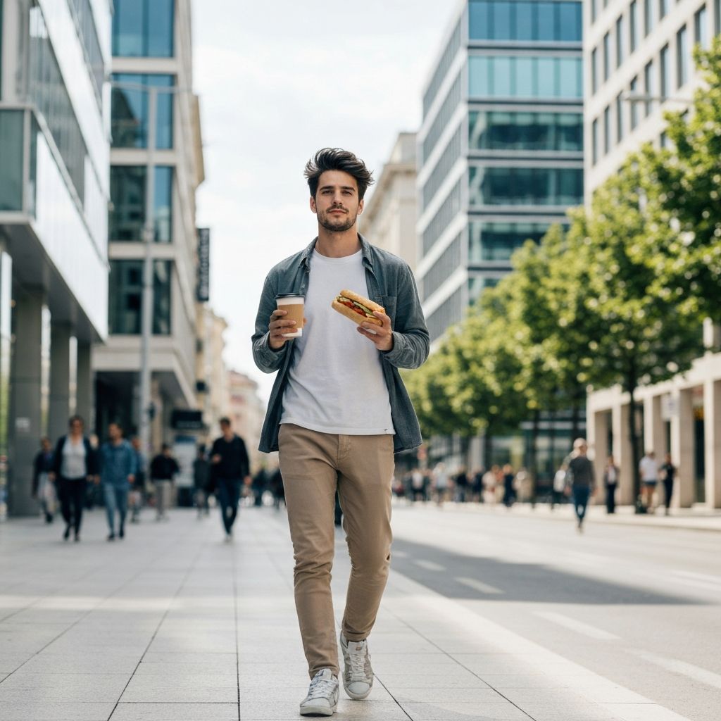 Kava za odvoz i sendvič u rukama na gradskoj ulici